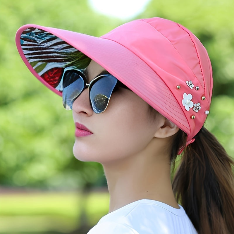 Wide Brim Sun Visor Foldable Picnic Hat Beach UV Protection Scallop Cap For Outdoor With Faux Pearl & Flower; Women's Hat & Caps Doba